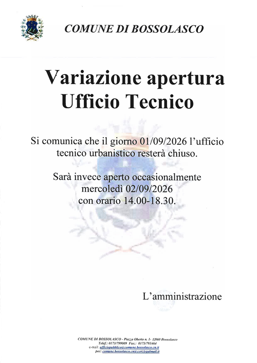 Variazione orario apertura Ufficio Tecnico - Urbanistica