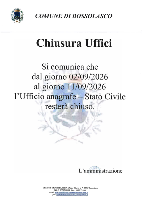 Chiusura Ufficio Anagrafe-Stato Civile